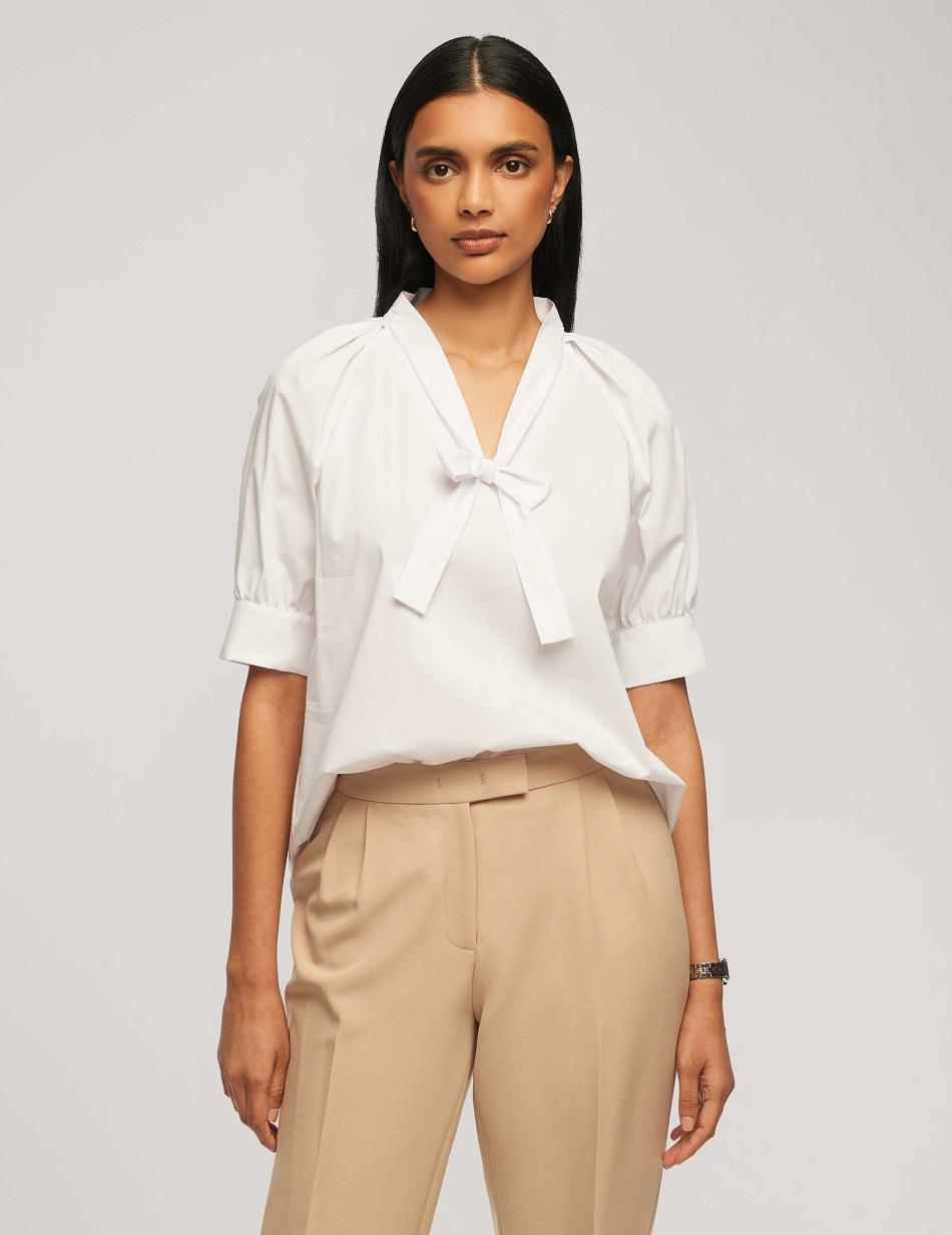 Hauts Anne Klein Poplin Puff Sleeve Blouse With Neck Tie   | GAE-3201316